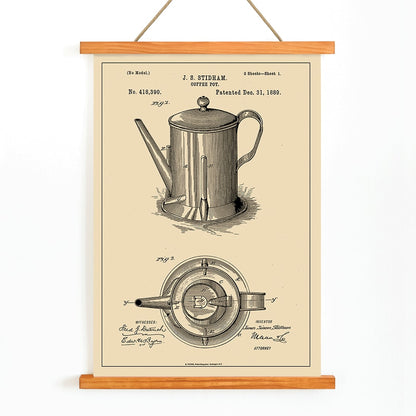 Patent illustration poster of a coffee pot by JS Stidham with detailed technical drawings, with wooden magnetic frame on white background