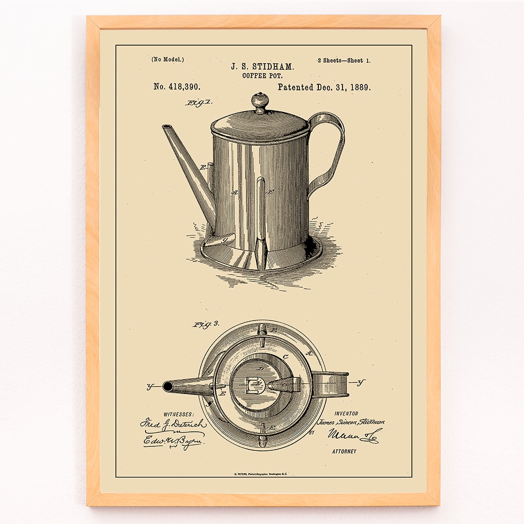 Patent illustration poster of a coffee pot by JS Stidham with detailed technical drawings, framed and displayed in modern living room decor
