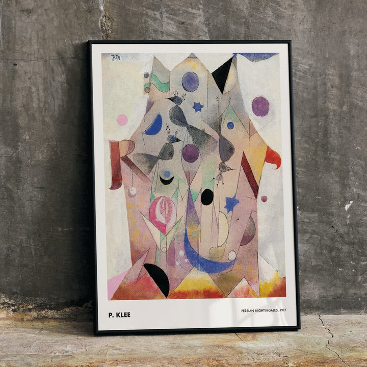 Abstract artwork Persian Nightingales by Paul Klee featuring geometric shapes birds and colorful patterns, framed and displayed in home decor