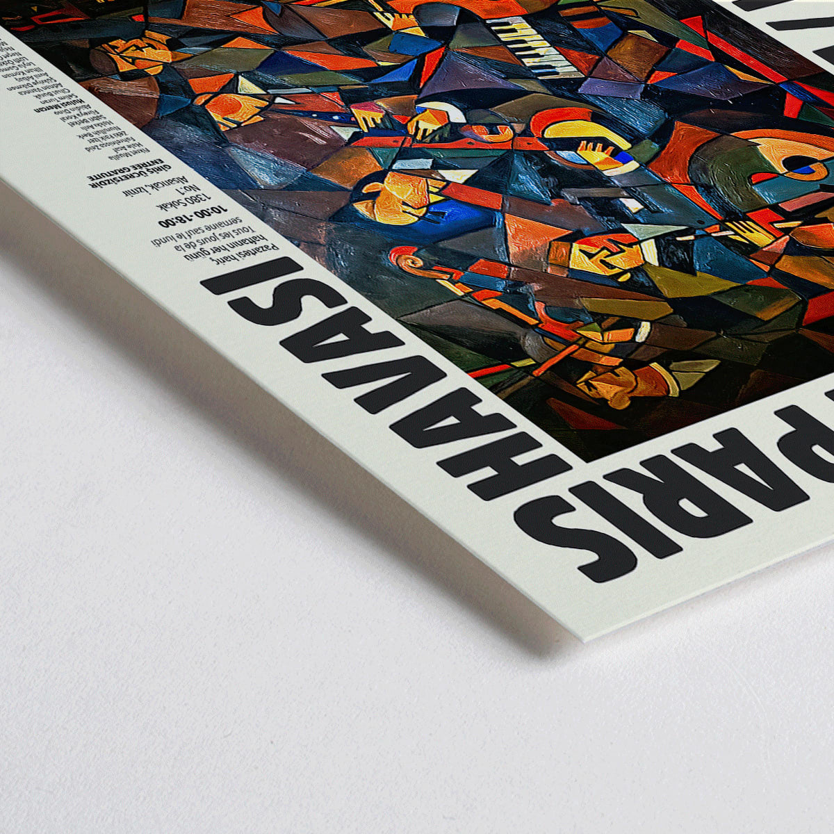 Closeup detail of Le Concert by Hulusi Mercan L Air de Paris exhibition poster with vibrant abstract musical instruments artwork