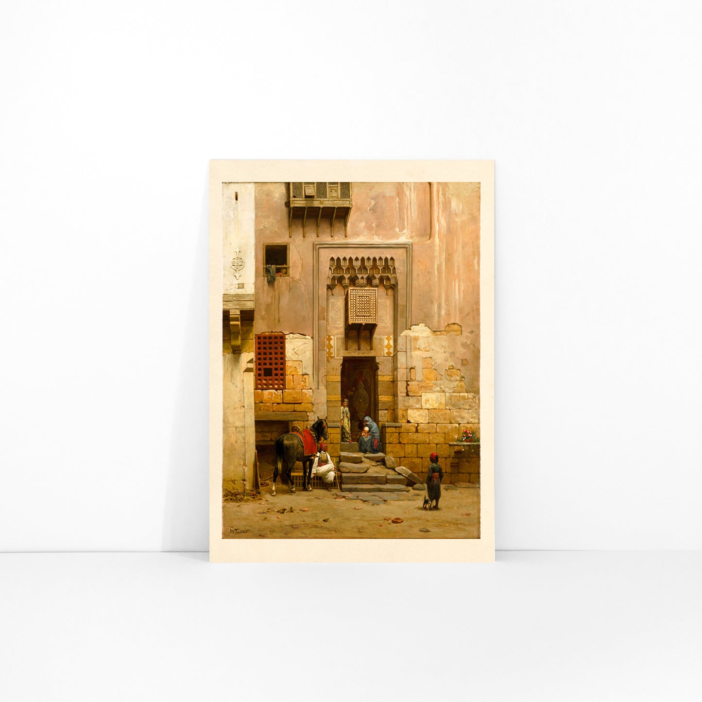 People and a horse in a sunlit Middle Eastern courtyard from The Courtyard of a house in Cairo by Willem de Famars Testas poster with architectural details, framed and displayed in modern living room decor