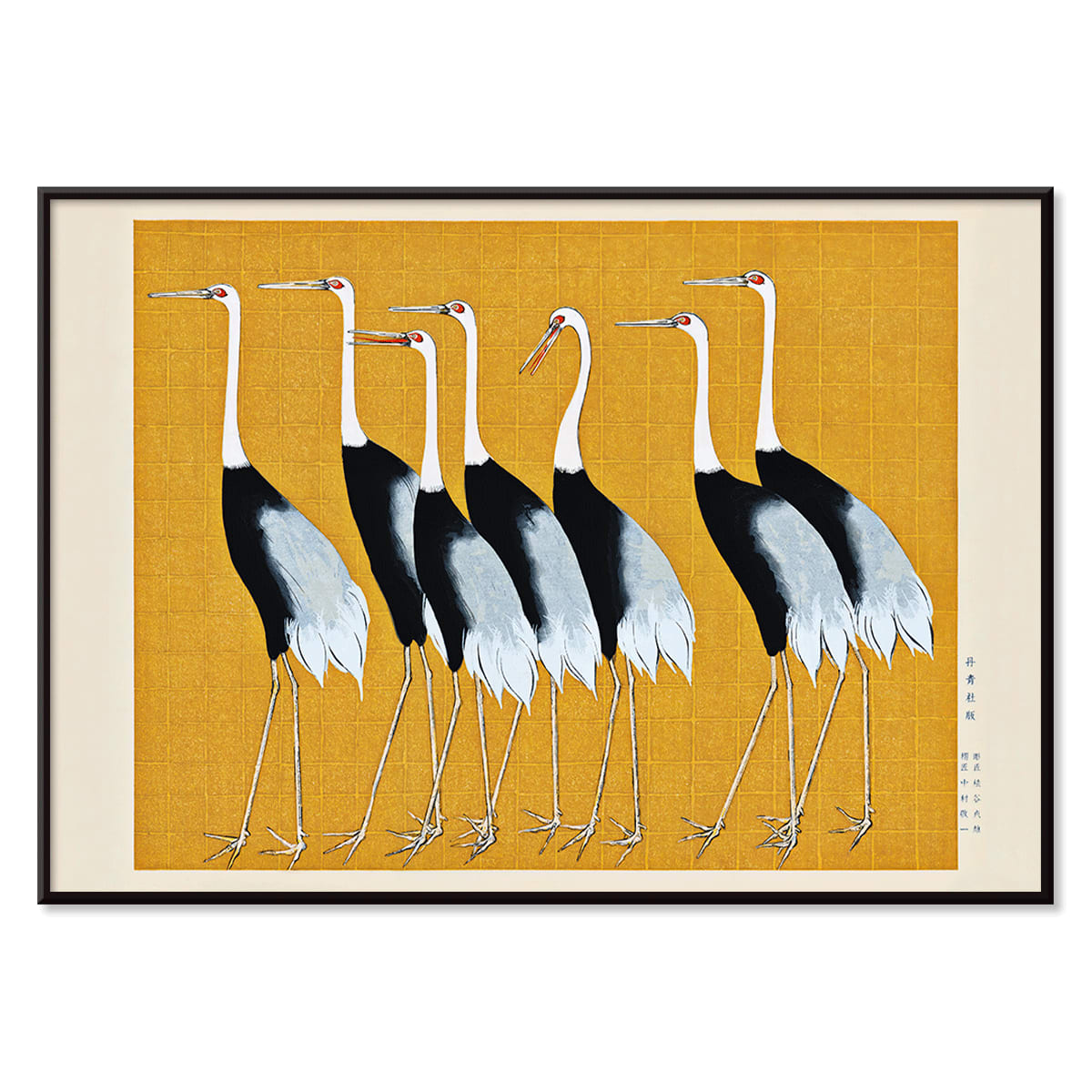 Traditional Japanese red crown crane artwork and portrait poster featuring a flock of beautiful birds by Ogata Korin, with black aluminium frame on white background