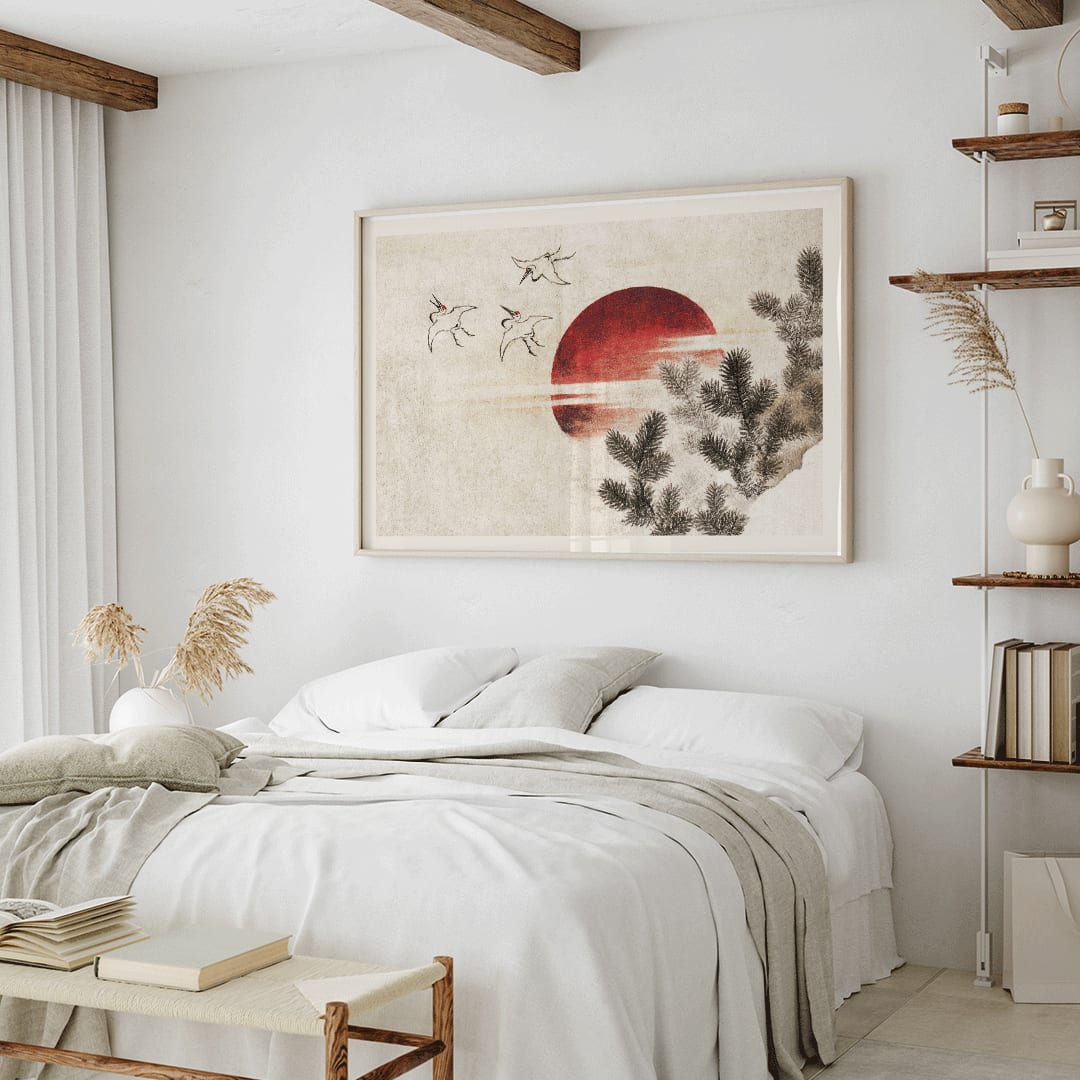 Cranes and birds flying near a red sun with pine branches inspired by Birds and Sunset by Katsushika Hokusai Japanese art poster, framed and displayed in home decor