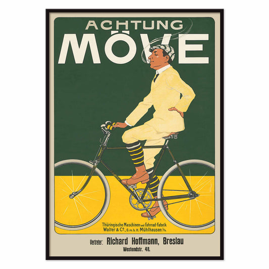 Achtung Moeve poster by J. and Co. Aberle featuring a cream cyclist on a vintage bicycle against a green and yellow cycling scene, with black aluminium frame on white background