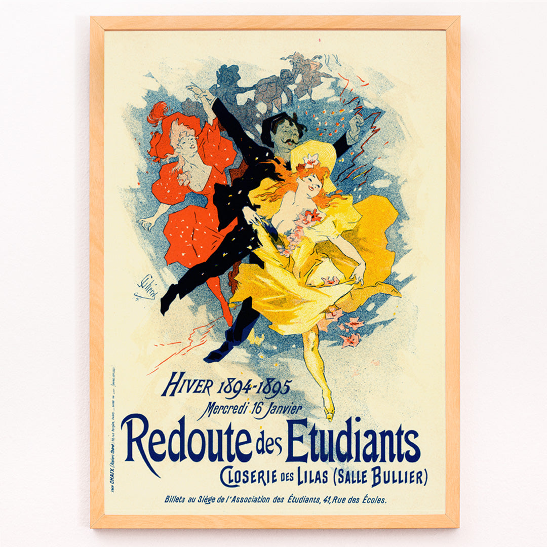 Closeup detail of Colorful dancers in festive attire and vibrant costumes featured in Redoute Des Etudiants by Jules Cheret vintage poster with bold text
