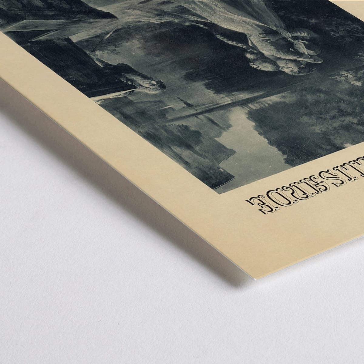 Closeup detail of Artistic poster for Claude Debussy and Maurice Maeterlincks Pelleas et Melisande at Theatre de lOpera Comique featuring characters by a river for the premiere