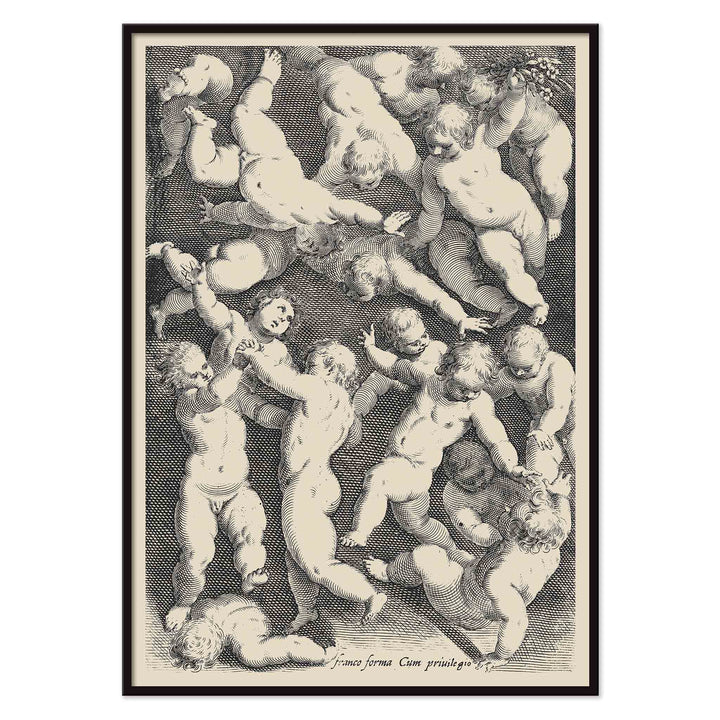 Jacopo Palma the Younger How to Draw Human Bodies poster with cherubs in varied poses and engraved hatching, with black aluminium frame on white background
