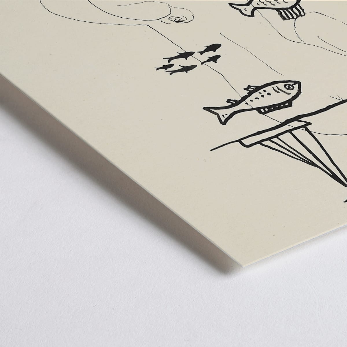 Closeup detail of Drowned by Mikuláš Galanda surreal minimalist line drawing poster featuring abstract human figure fish and sailboat