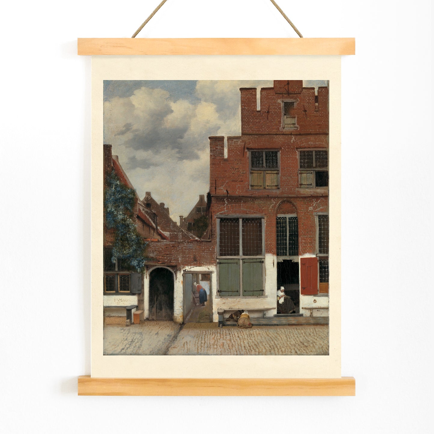 Poster of a charming street scene with brick houses and figures from View of Houses in Delft The Little Street by Johannes Vermeer, with wooden magnetic frame on white background