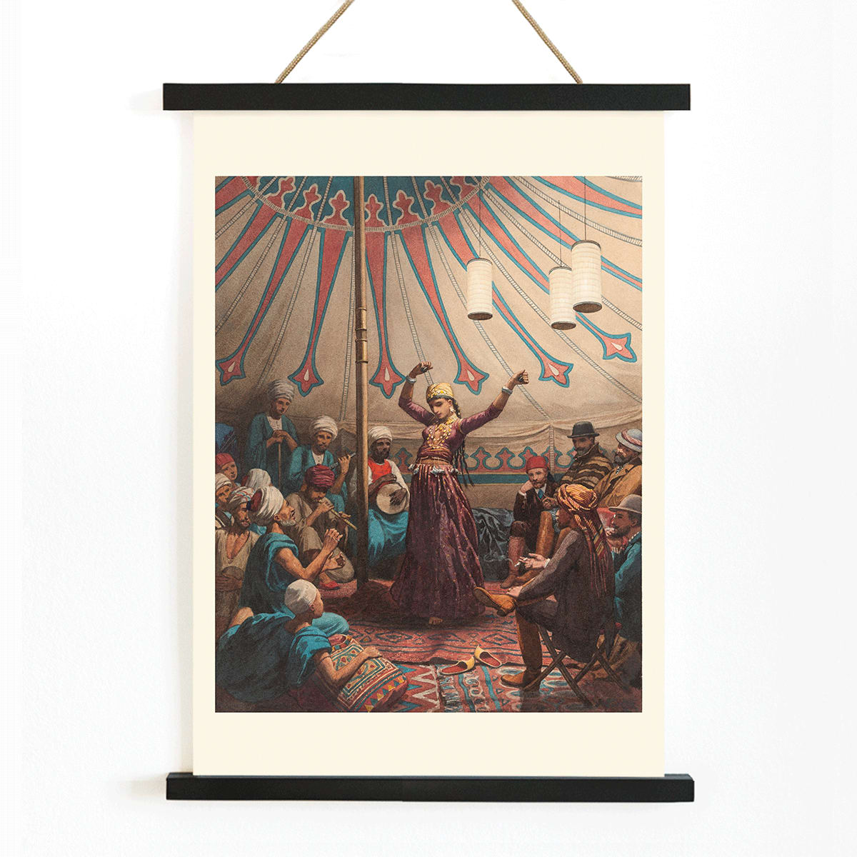 Egyptian dancer performing in a tent with musicians and spectators poster artwork by Willem de Famars Testas, with wooden magnetic frame on white background