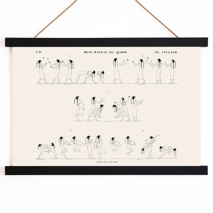 Ancient Egyptian wrestling scene and poster with line drawings from Tomb of Rotei north wall by Jean Francois Champollion, with wooden magnetic frame on white background