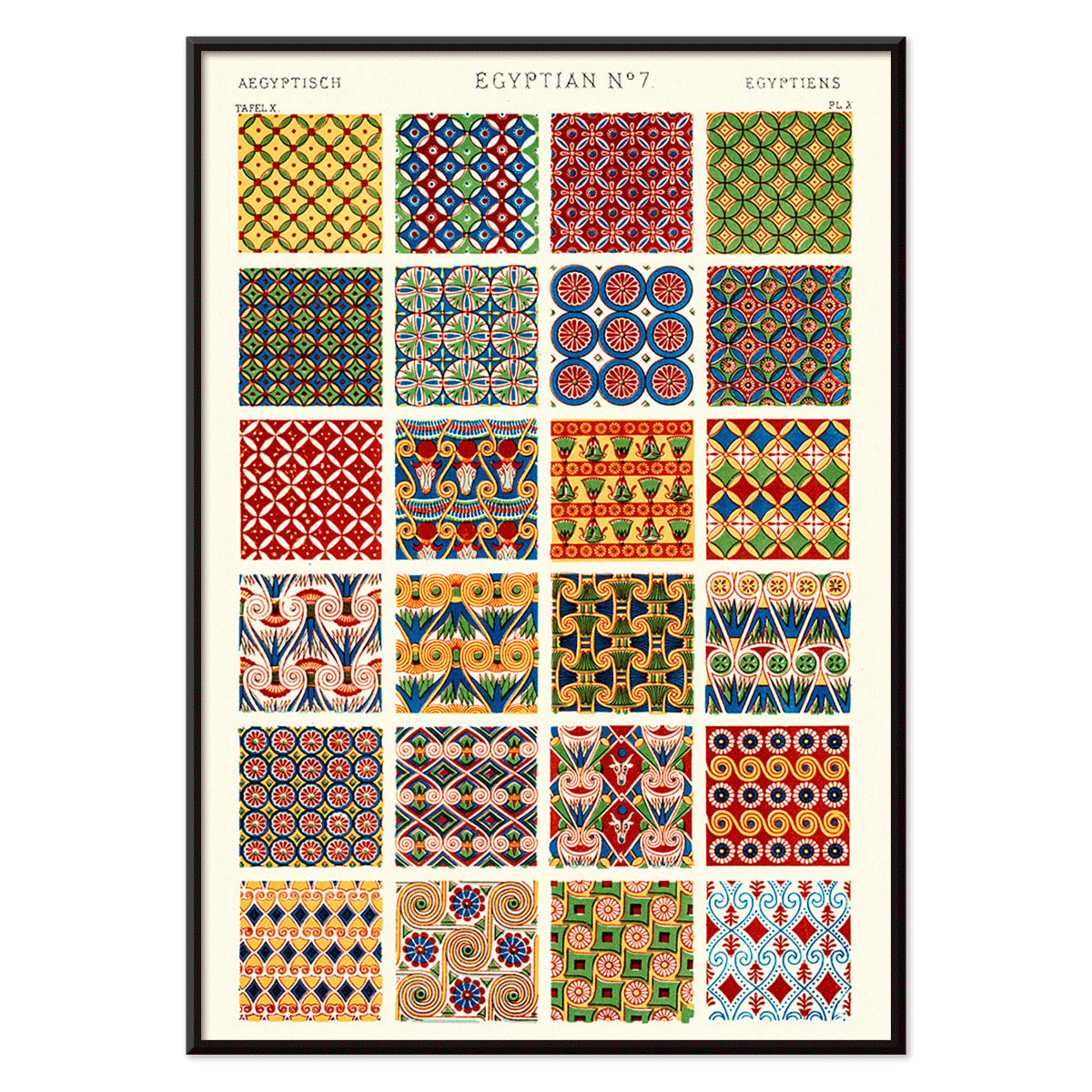 Colorful Egyptian geometric patterns artwork Egyptian 7 by Owen Jones from Century Grammar of Ornament book vibrant poster design, with black aluminium frame on white background