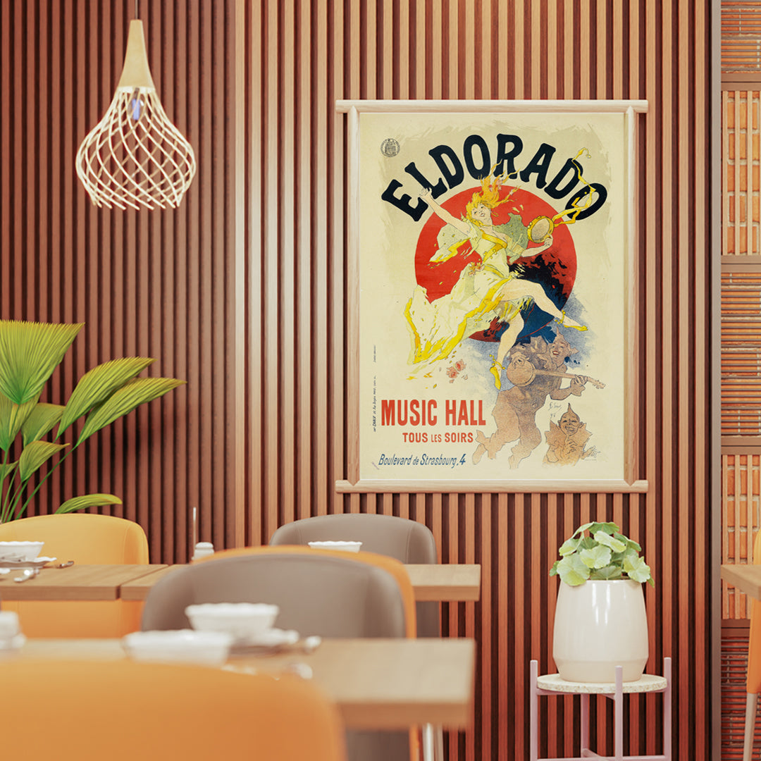 Colorful cabaret poster of Eldorado Music Hall by Jules Cheret showing a lively dancing woman in yellow with musicians and bold colorful graphics, framed and displayed in home decor