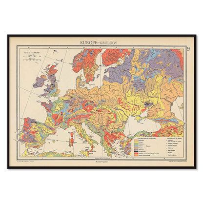 John George Bartholomew Europe geology map poster with colorful geological regions in vintage scientific style, with black aluminium frame on white background