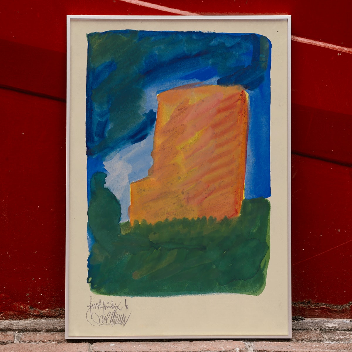 Abstract painting with vibrant blue and orange hues by Karl Wiener titled Farbstudien 10 Blätter VI poster, framed and displayed in home decor