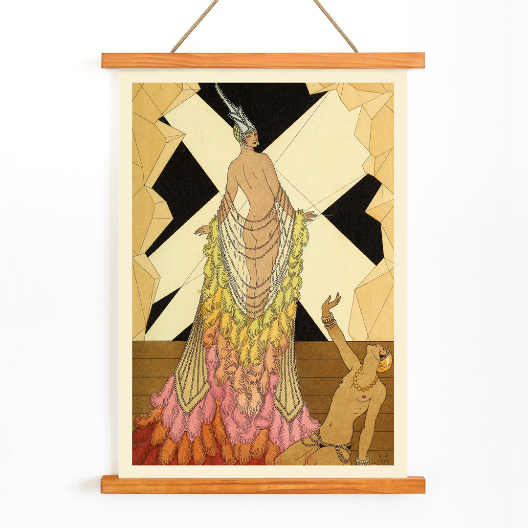 Art deco illustration and poster of elegant woman in feathered gown with kneeling figure inspired by Falbalas et fanfreluches by George Barbier, with wooden magnetic frame on white background