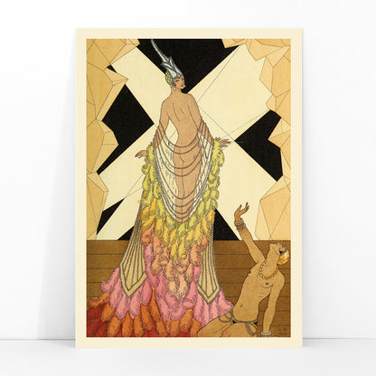 Art deco illustration and poster of elegant woman in feathered gown with kneeling figure inspired by Falbalas et fanfreluches by George Barbier, framed and displayed in modern living room decor