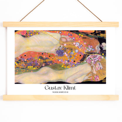 Gustav Klimt Water Serpents II colorful Art Nouveau painting and poster featuring intertwined nude women with vibrant floral and gold decorative patterns, with wooden magnetic frame on white background