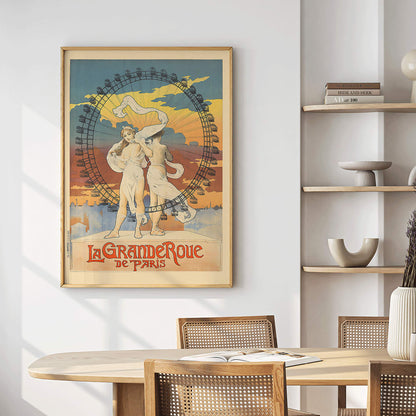 Two women in flowing dresses in front of a Ferris wheel at sunset colorful sky La Grande Roue artwork poster, framed and displayed in home decor