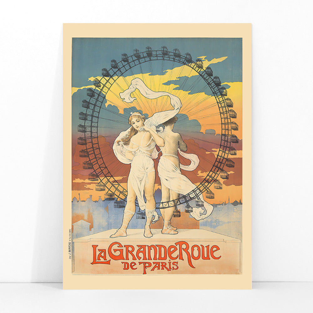 Two women in flowing dresses in front of a Ferris wheel at sunset colorful sky La Grande Roue artwork poster, framed and displayed in modern living room decor
