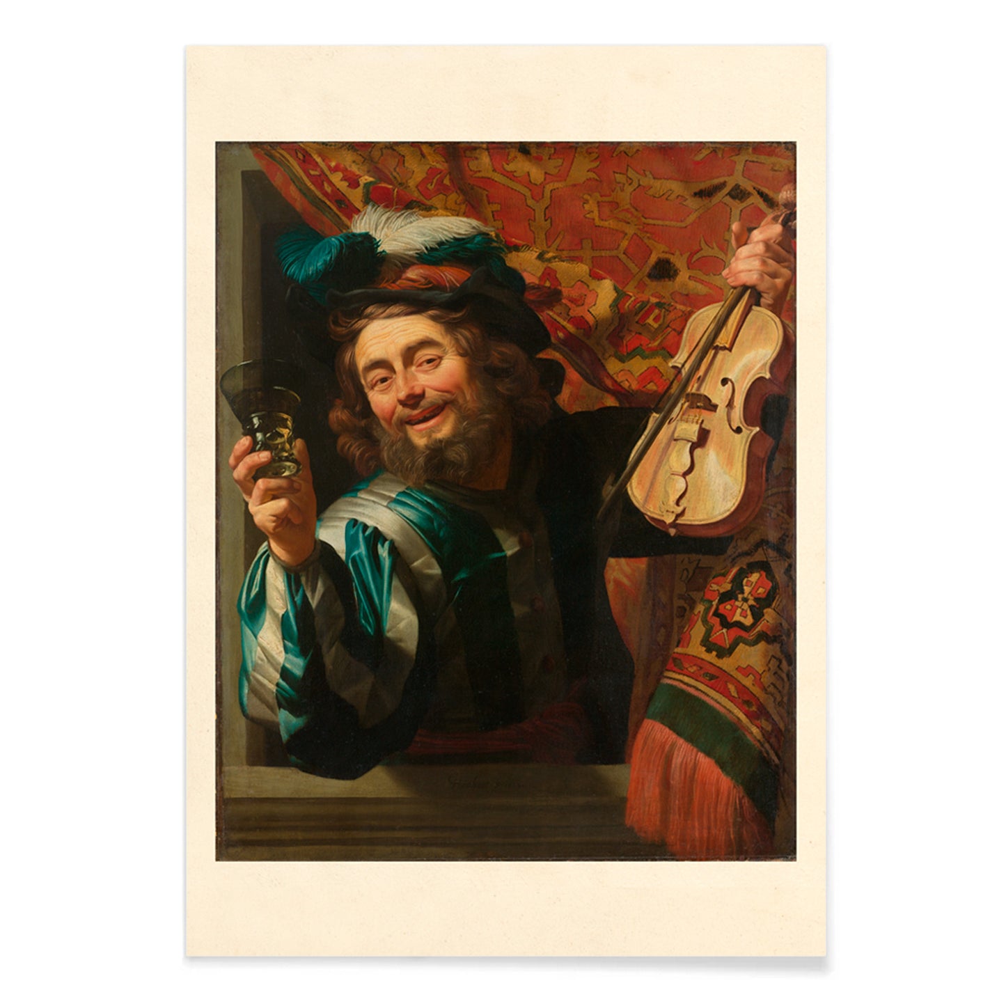 Poster of Gerard van Honthorst The Merry Fiddler cheerful man holding violin and glass by window inspired artwork, with black aluminium frame on white background