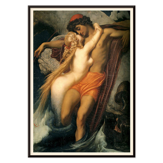 The Fisherman And The Syren by Frederic Leighton poster showing a fisherman embraced by a mermaid in a mythological scene, with black aluminium frame on white background