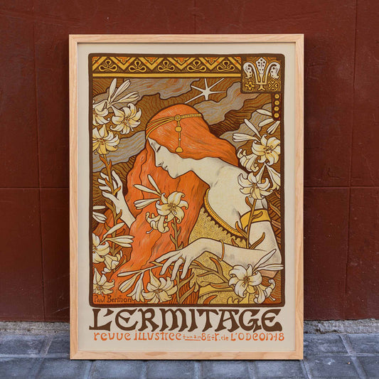 Paul Berthon LErmitage poster with red-haired woman, lilies and floral Art Nouveau ornament, framed and displayed in home decor
