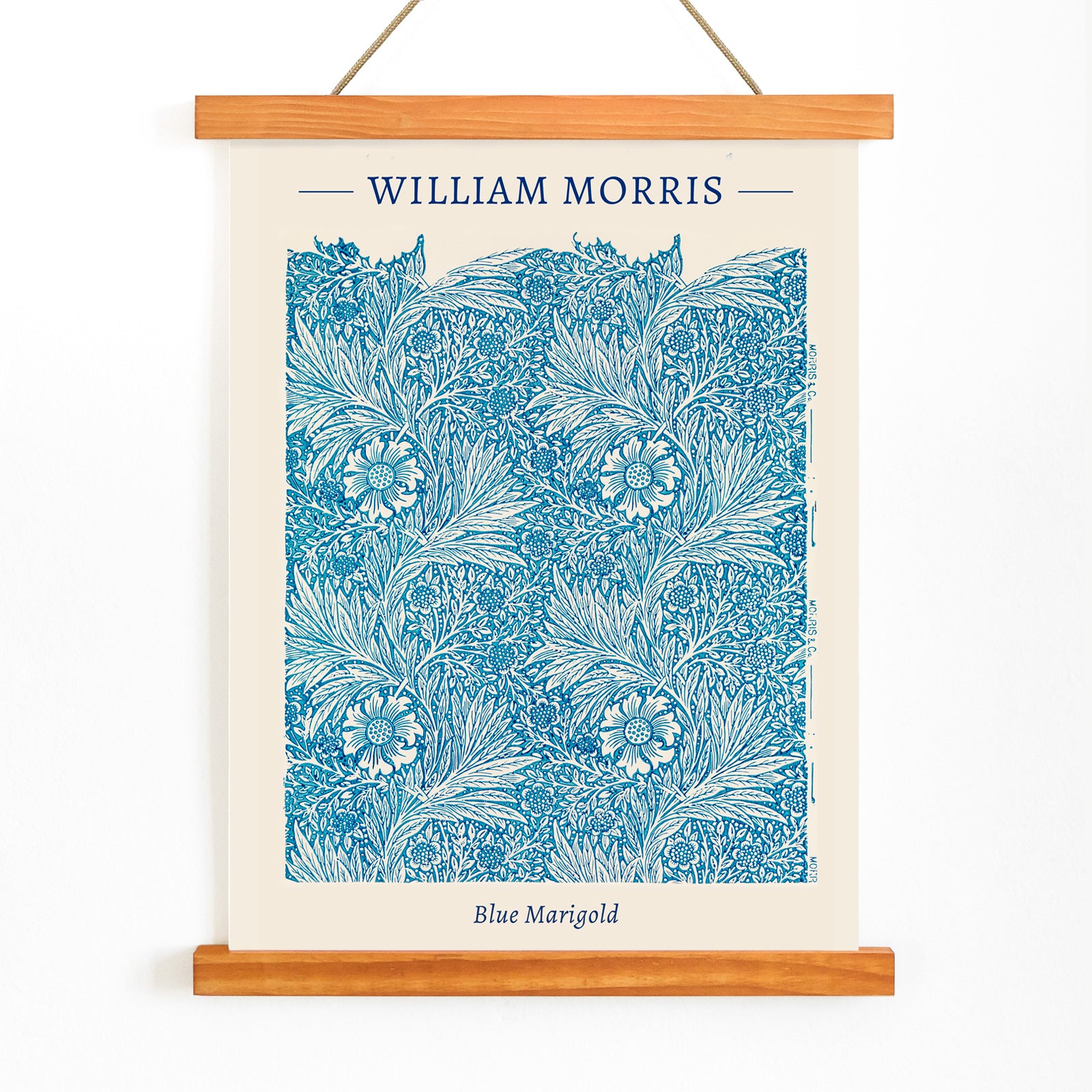 Blue Marigold illustration by William Morris featuring intricate blue floral patterns and leafy designs poster and artwork, with wooden magnetic frame on white background