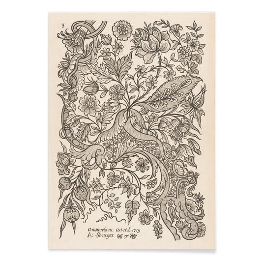 Floral textile pattern and botanical line art poster with intricate flowers by Alexander Senegat Design for textiles Flowers, with black aluminium frame on white background