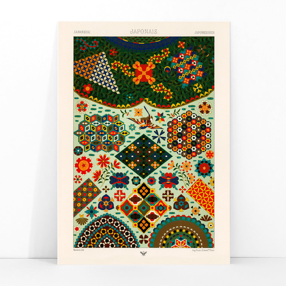 Colorful Japanese pattern artwork by Albert Racinet from Lornement Polychrome featuring intricate geometric and floral designs poster, framed and displayed in modern living room decor