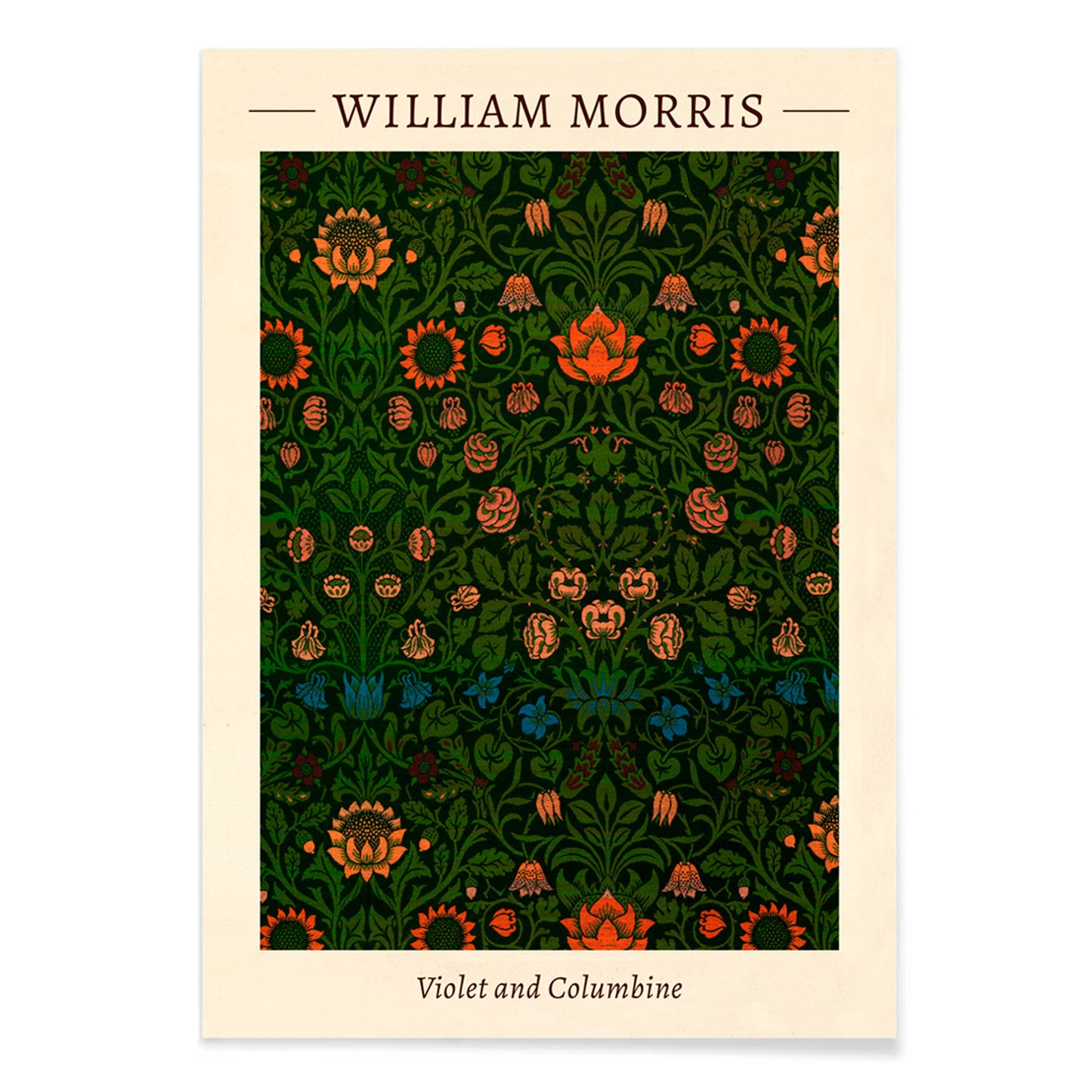 Floral pattern artwork poster titled Violet and Columbine by William Morris featuring intricate botanical designs with vivid green and orange tones, with black aluminium frame on white background
