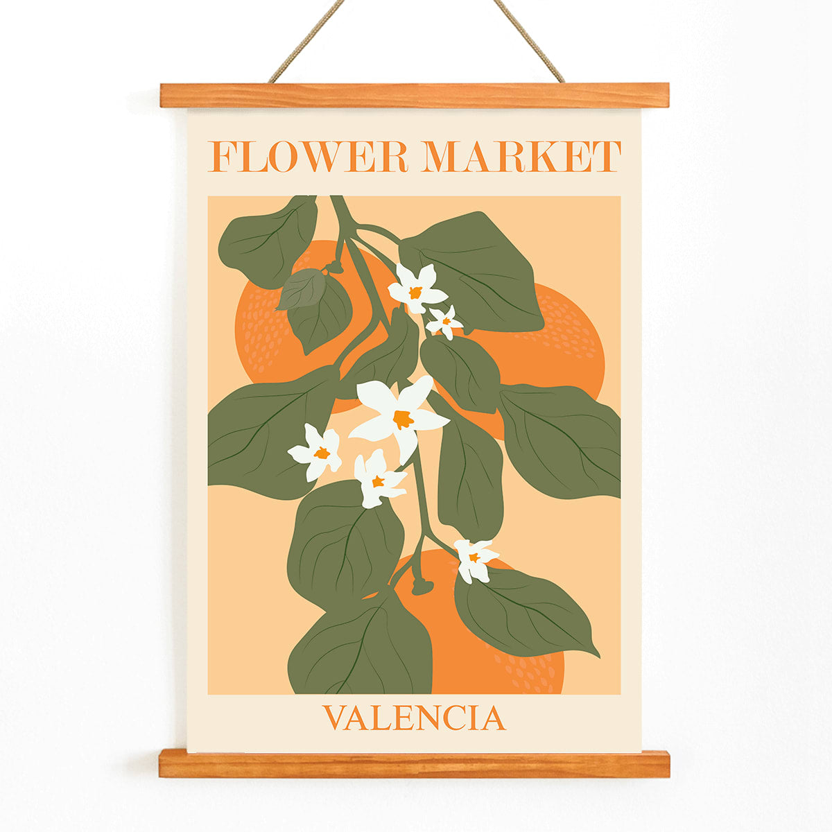 Flower Market Valencia by Moryarty poster illustration with green leaves and white flowers on orange background, with wooden magnetic frame on white background