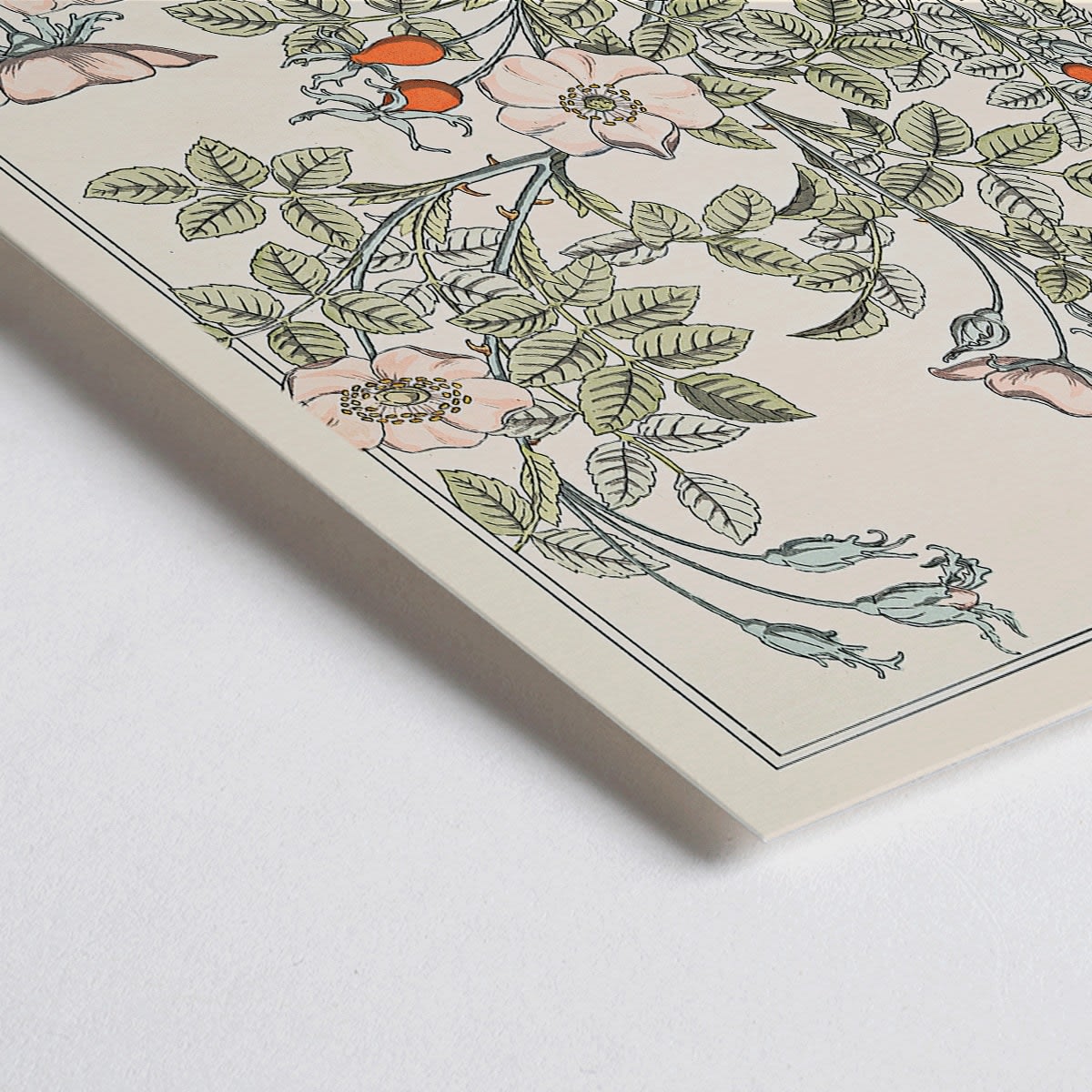 Closeup detail of Floral poster of roses and leaves by Maurice Pillard Verneuil titled Eglantier with intricate pastel patterns