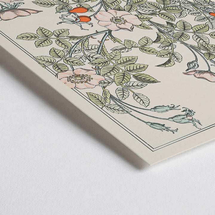 Closeup detail of Floral poster of roses and leaves by Maurice Pillard Verneuil titled Eglantier with intricate pastel patterns