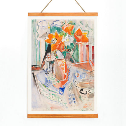 Floral still life poster by Oskar Moll with vibrant flowers in striped jug and bowl on colorful tablecloth, with wooden magnetic frame on white background
