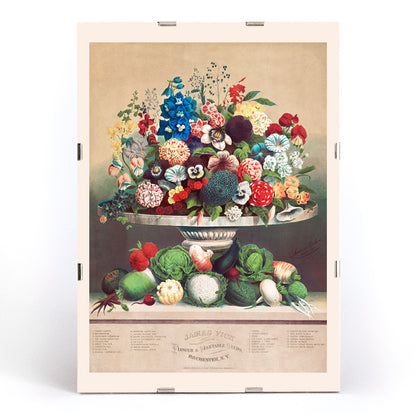 Colorful poster of flowers and vegetables in a vase by Anton Carl Rahn for wall decor, framed and displayed in modern living room decor