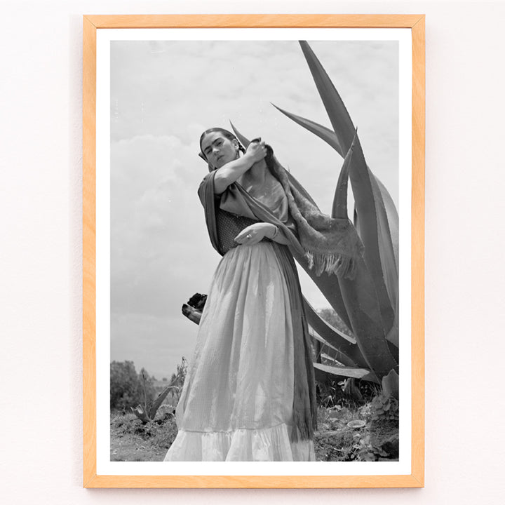 Closeup detail of Frida Kahlo Senora Diego Rivera standing beside agave plant by Toni Frissell black and white artwork poster