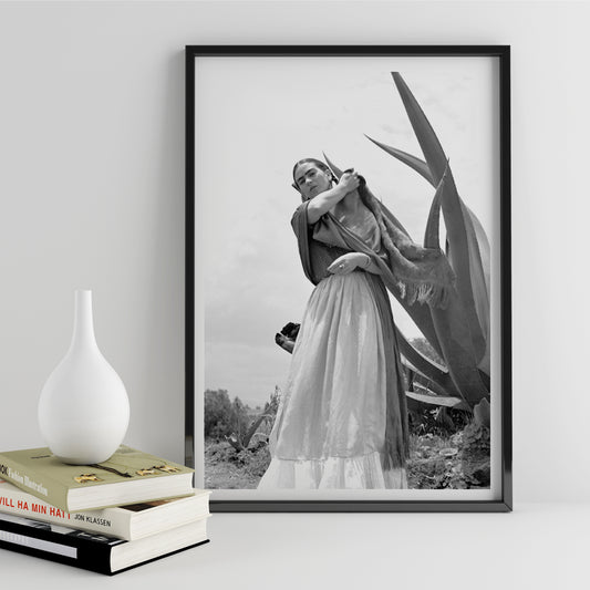 Frida Kahlo Senora Diego Rivera standing beside agave plant by Toni Frissell black and white artwork poster, framed and displayed in home decor