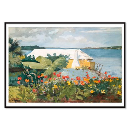 Vibrant tropical flower garden and bungalow by the sea artwork Flower Garden and Bungalow Bermuda by Winslow Homer poster, with black aluminium frame on white background