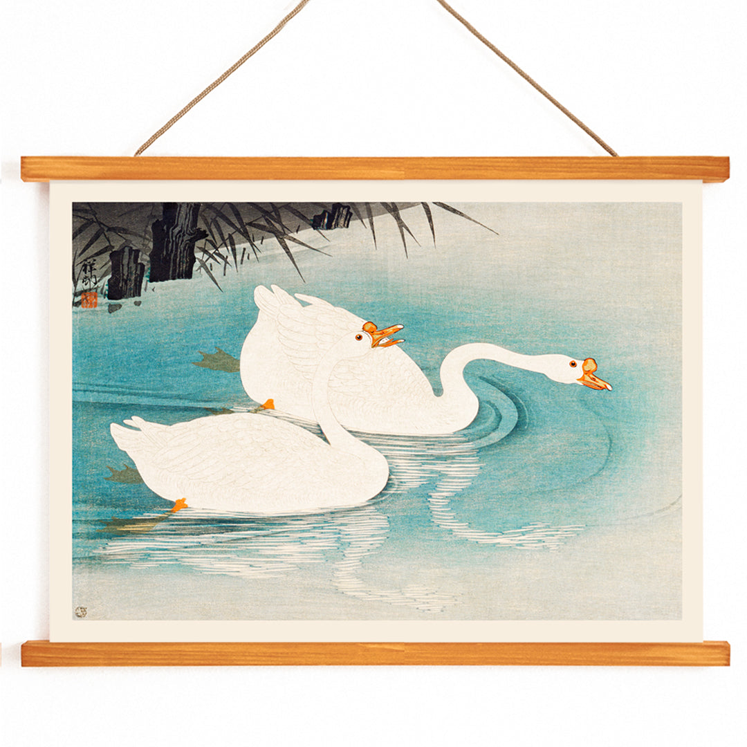 White geese swimming among blue water and reeds Geese amid Reeds by Ohara Koson poster, with wooden magnetic frame on white background