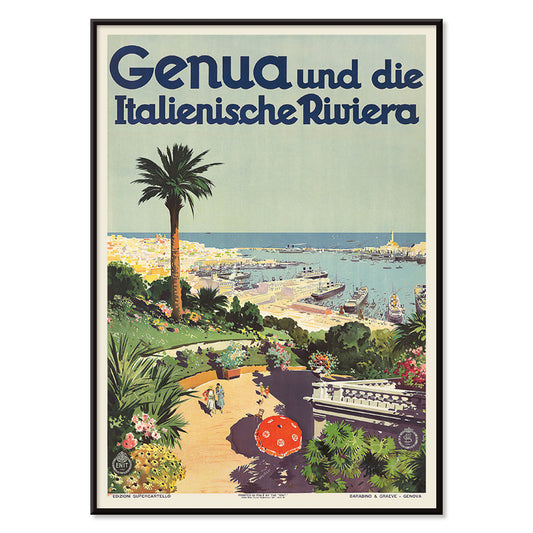Vintage travel poster of Genoa and the Italian Riviera by Aurelio Craffonara featuring scenic harbor palm trees and colorful garden, with black aluminium frame on white background