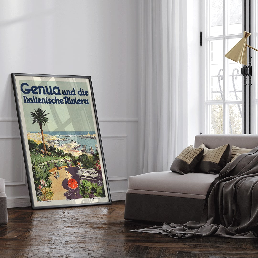 Vintage travel poster of Genoa and the Italian Riviera by Aurelio Craffonara featuring scenic harbor palm trees and colorful garden, framed and displayed in home decor
