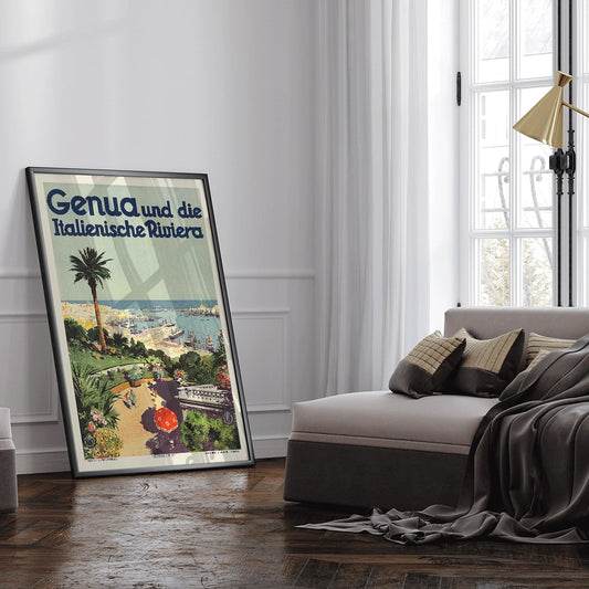 Vintage travel poster of Genoa and the Italian Riviera by Aurelio Craffonara featuring scenic harbor palm trees and colorful garden, framed and displayed in home decor