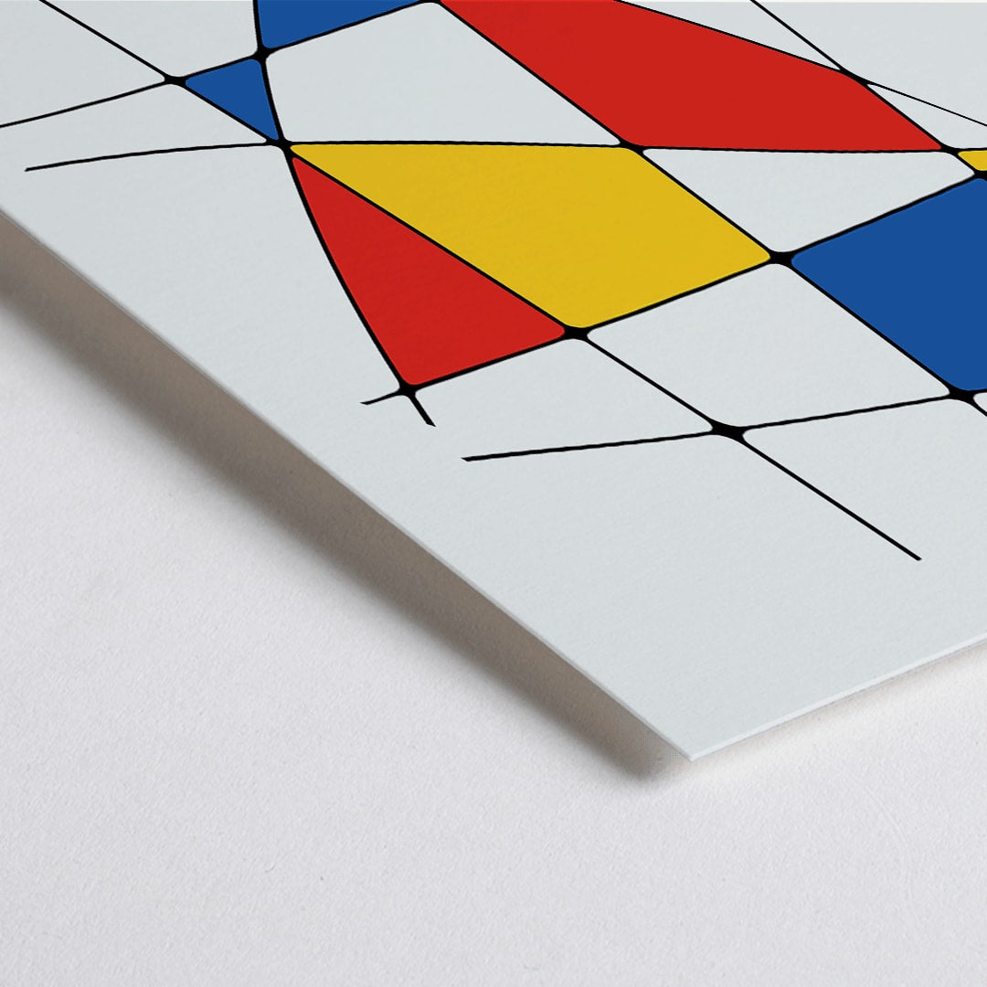 Closeup detail of Abstract art painting and poster titled Geometric Lines and colors 1 featuring intersecting black lines with red yellow and blue colorful shapes