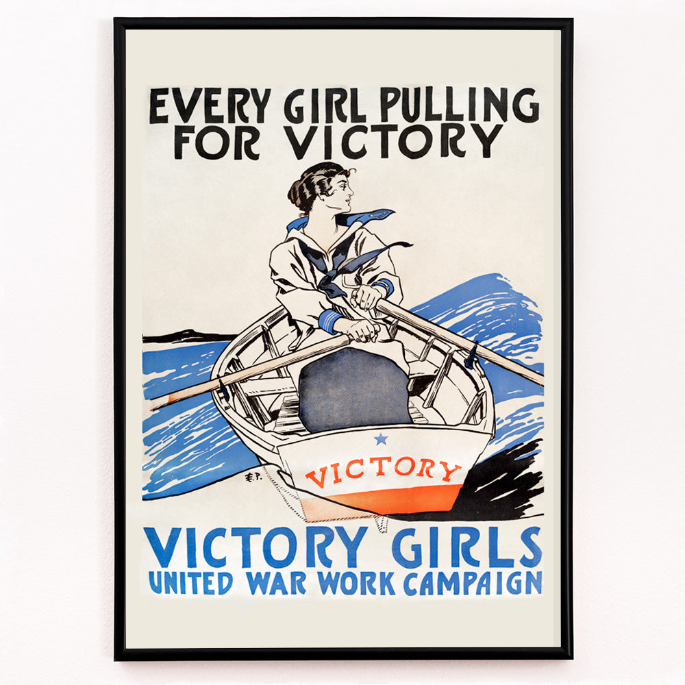 Closeup detail of Woman rowing a boat in sailor uniform promoting war effort Victory Girls United War Work Campaign poster by Edward Penfield