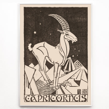 Closeup detail of Capricorn zodiac sign illustration and poster featuring a stylized goat under stars in an abstract landscape artwork titled Capricornus by Henri van der Stok