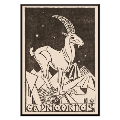 Capricorn zodiac sign illustration and poster featuring a stylized goat under stars in an abstract landscape artwork titled Capricornus by Henri van der Stok, with black aluminium frame on white background