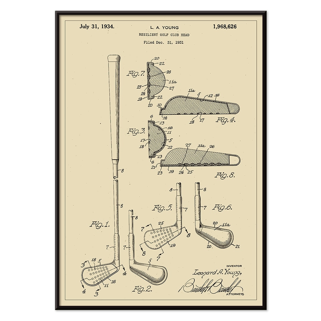 L A Young Resilient Golf Club Head Patent Illustration Design Drawings and Poster with Technical Specifications, with black aluminium frame on white background