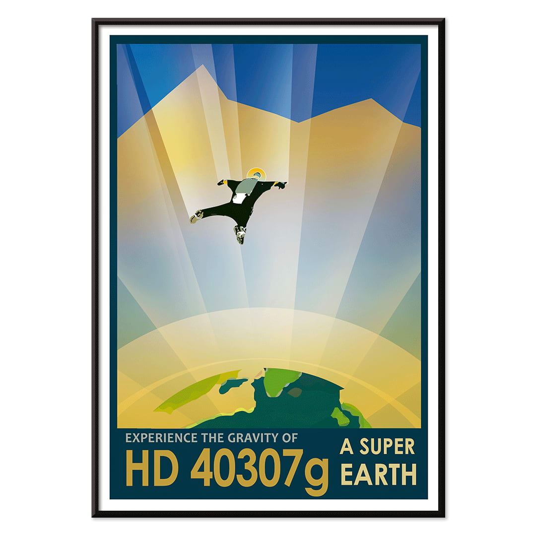 Astronaut skydiving above alien landscape HD 40307g super earth by NASA space exploration poster, with black aluminium frame on white background
