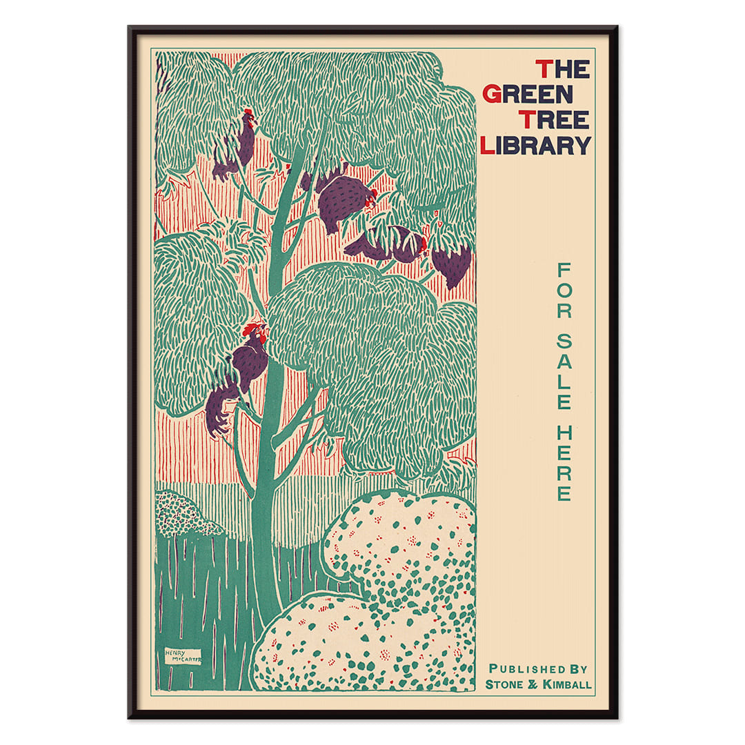 Vibrant green tree illustration and poster by Henry McCarter titled The Green Tree Library featuring green foliage decorative border and text for sale, with black aluminium frame on white background